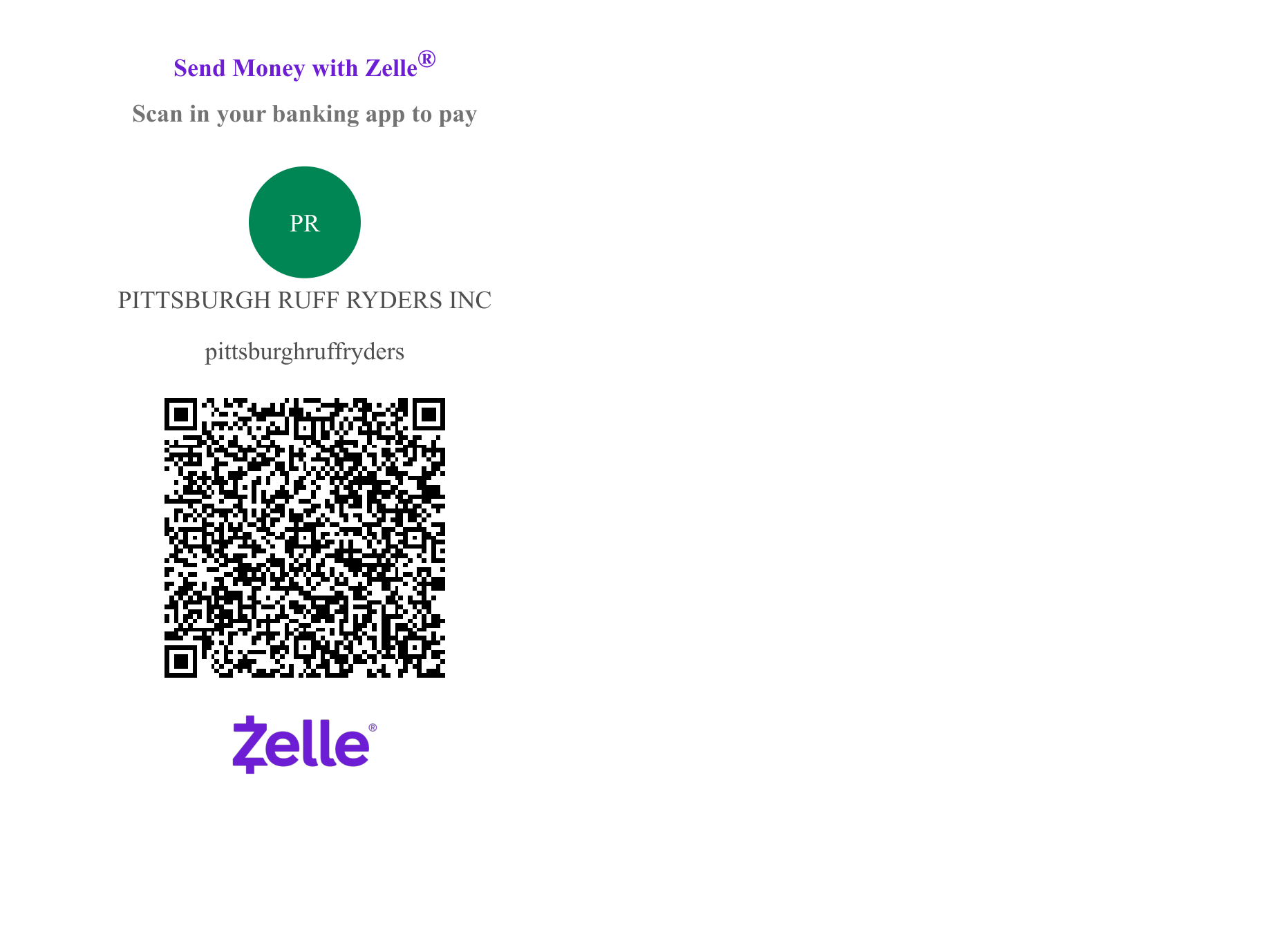 Zelle QR code for Pittsburgh Ruff Ryders Inc